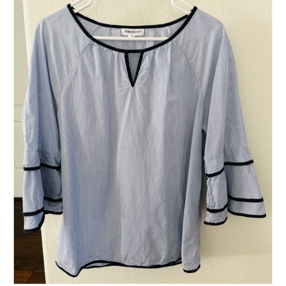 🧵 Westport 🧵 Tiered Ruffle Bell Sleeve Blue White Striped Blouse Top Shirt, M